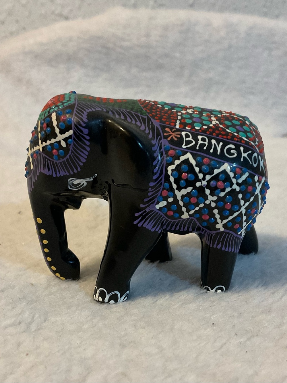 Miniature Elephant Figurine Statue Lacquered Painted Carved Wood Sculpture Decor